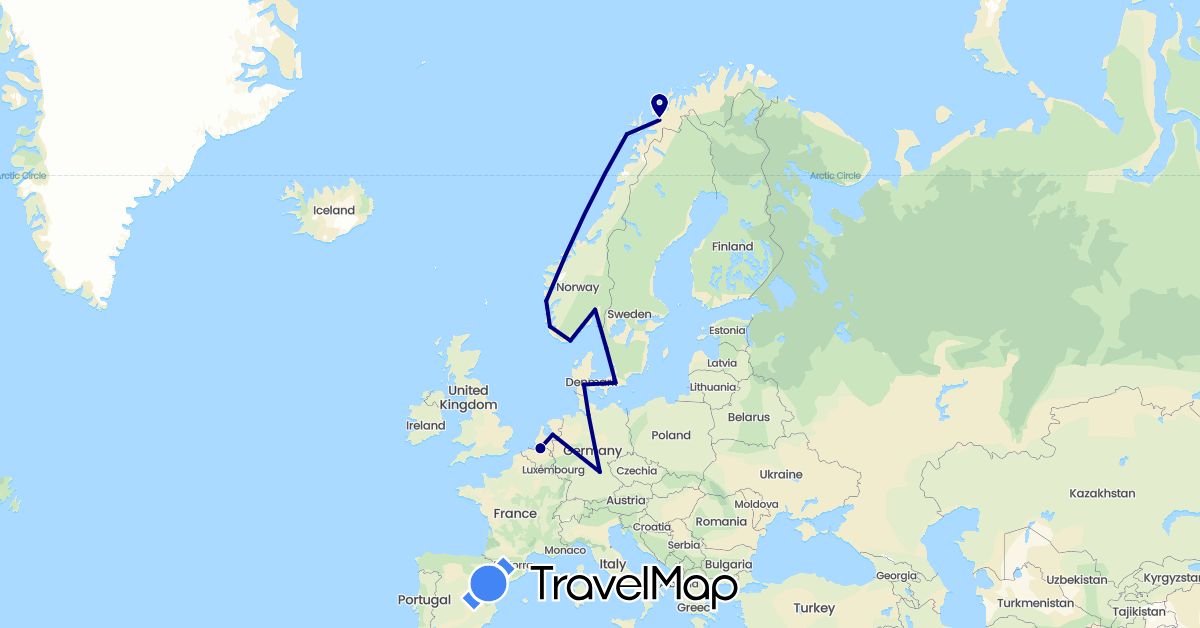TravelMap itinerary: driving in Belgium, Germany, Denmark, Netherlands, Norway, Sweden (Europe)